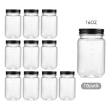 Novelinks 16 Ounce Clear Plastic Jars with Black Silver Lids - Refillable Round Clear Organizition